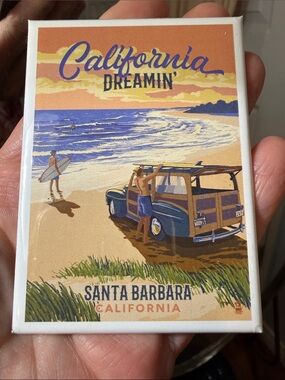Santa Barbara vintage magnet ‘California Dreamin' Art Print -“Woody on‎ Beach”